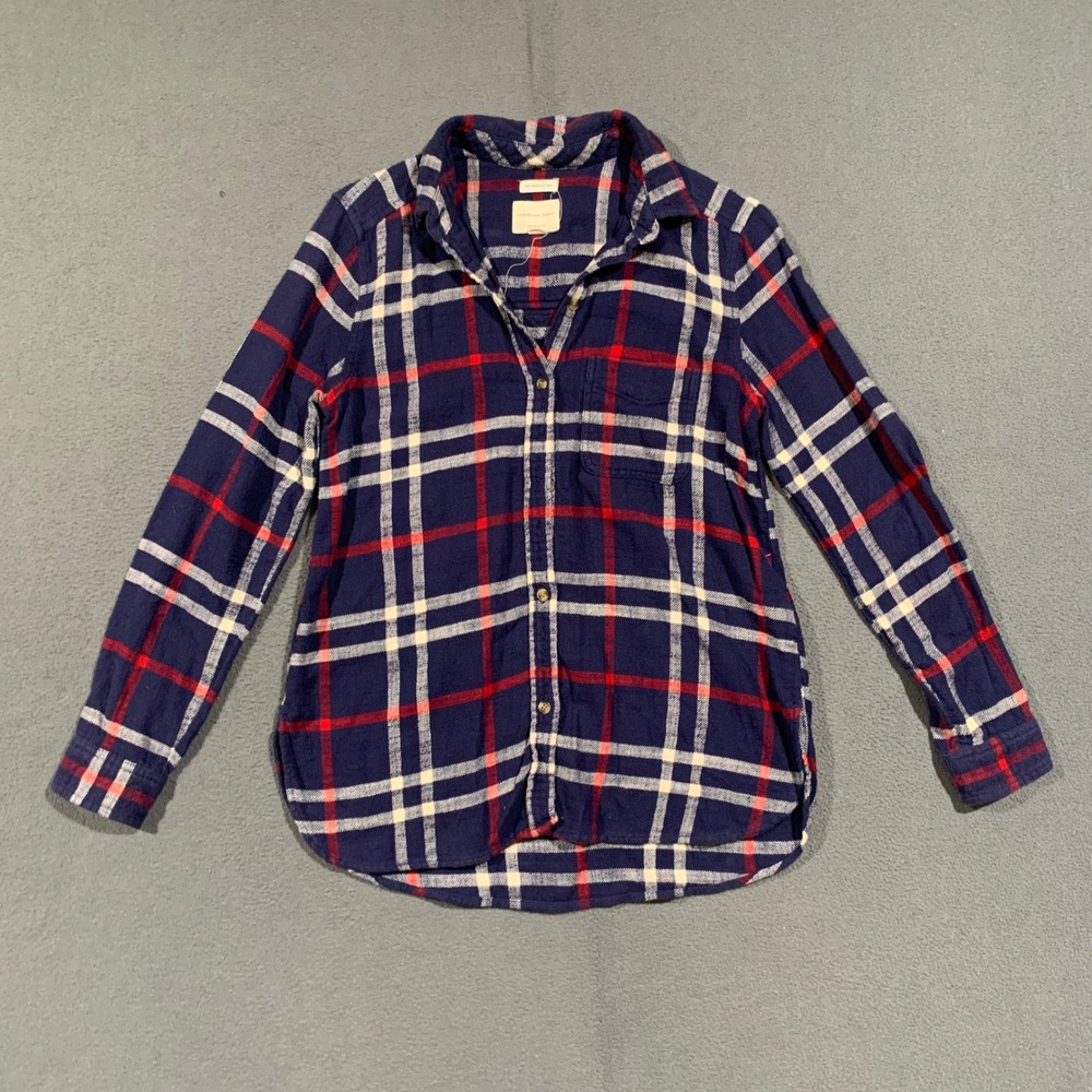 American Eagle Plaid Flannel Shirt Women Small Boyfriend Fit Navy Red Cotton